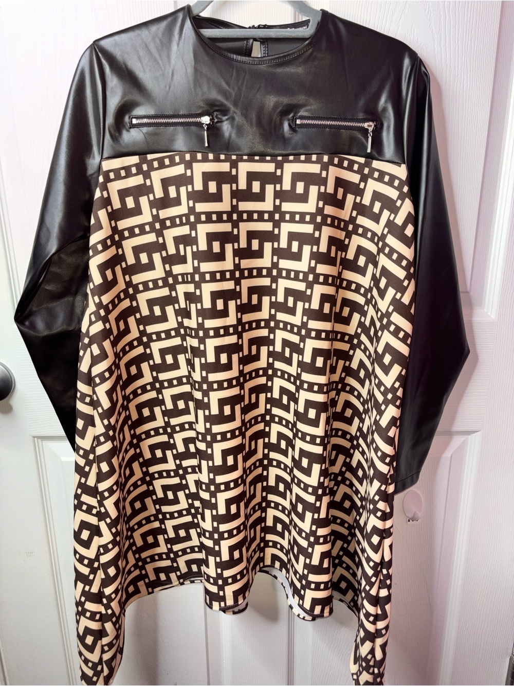 Black & Cream Geometric Panel Tunic with Faux Leather Accents